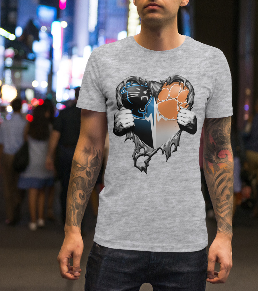 Carolina Panthers Clemson Tigers Heart Ripped T-Shirt