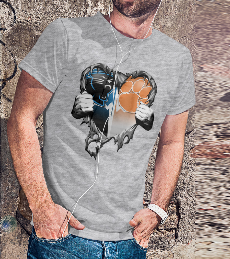 Carolina Panthers Clemson Tigers Heart Ripped T-Shirt