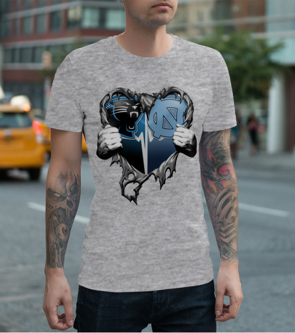 Carolina Panthers Unc Tar Heels Heart Ripped T-Shirt