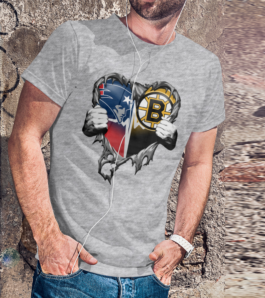 Patriots Bruins Torn Heart Logo Fusion T-Shirt
