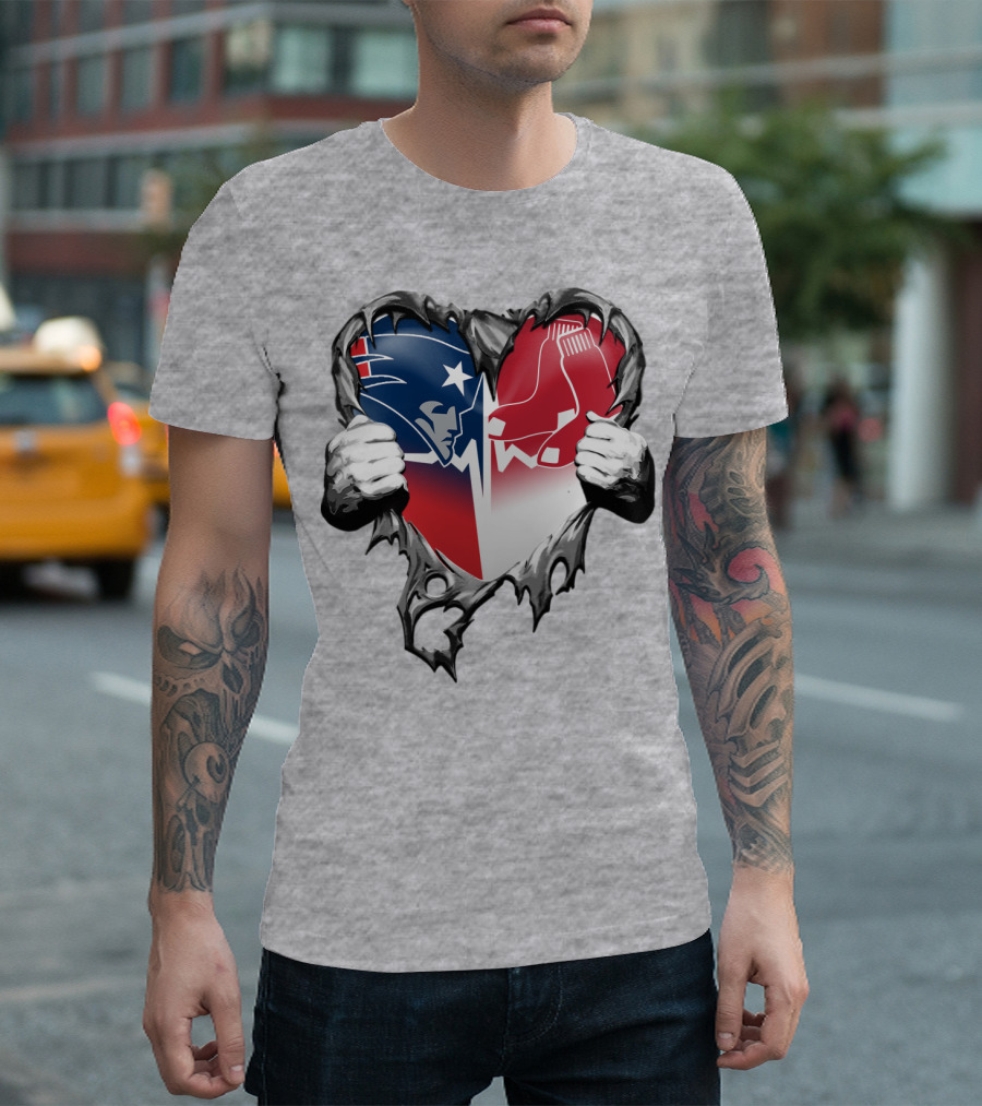 Patriots And Red Sox Heart Design With Torn Metal Effect T-Shirt