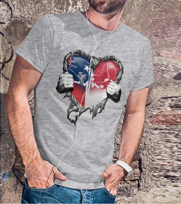 Patriots And Red Sox Heart Design With Torn Metal Effect T-Shirt