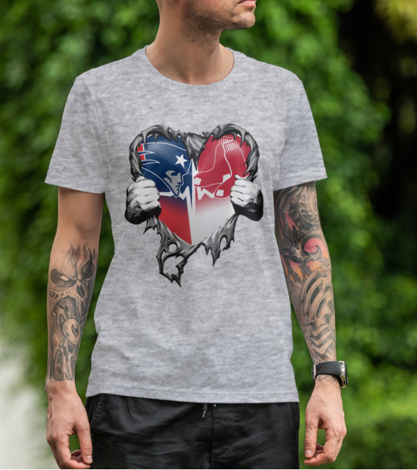 Patriots And Red Sox Heart Design With Torn Metal Effect T-Shirt