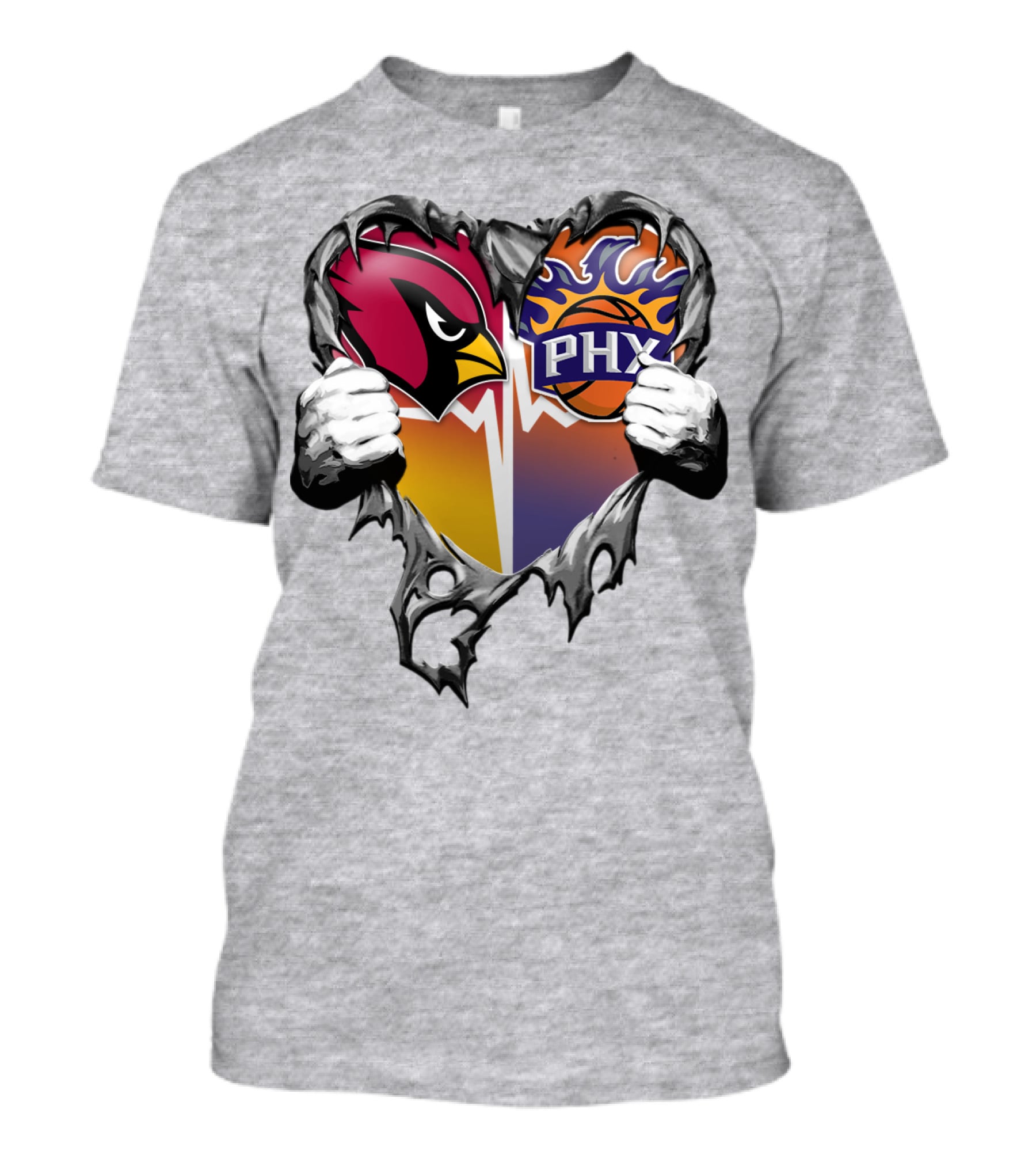 Arizona Cardinals And Phoenix Suns Heart Symbol With Torn Metal Effect T-Shirt