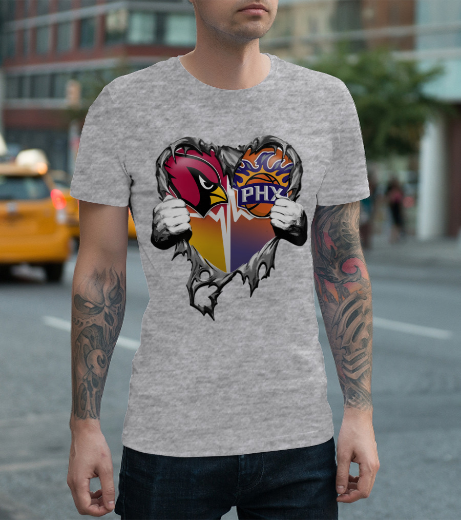 Arizona Cardinals And Phoenix Suns Heart Symbol With Torn Metal Effect T-Shirt