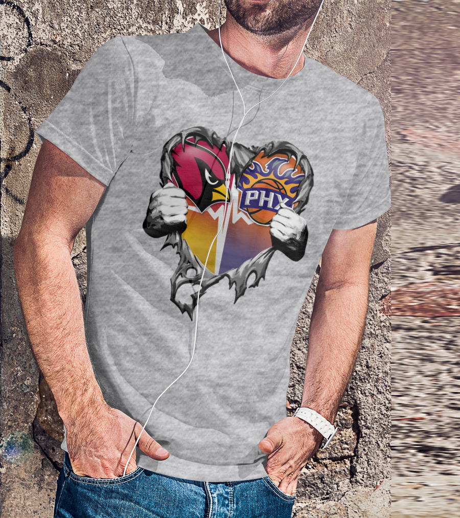 Arizona Cardinals And Phoenix Suns Heart Symbol With Torn Metal Effect T-Shirt
