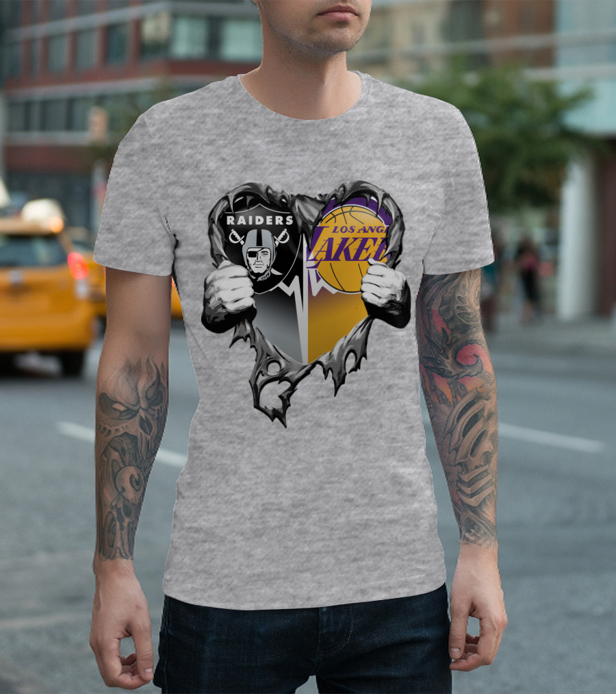 Raiders Los Angeles Lakers Heart Logo Tear T-Shirt