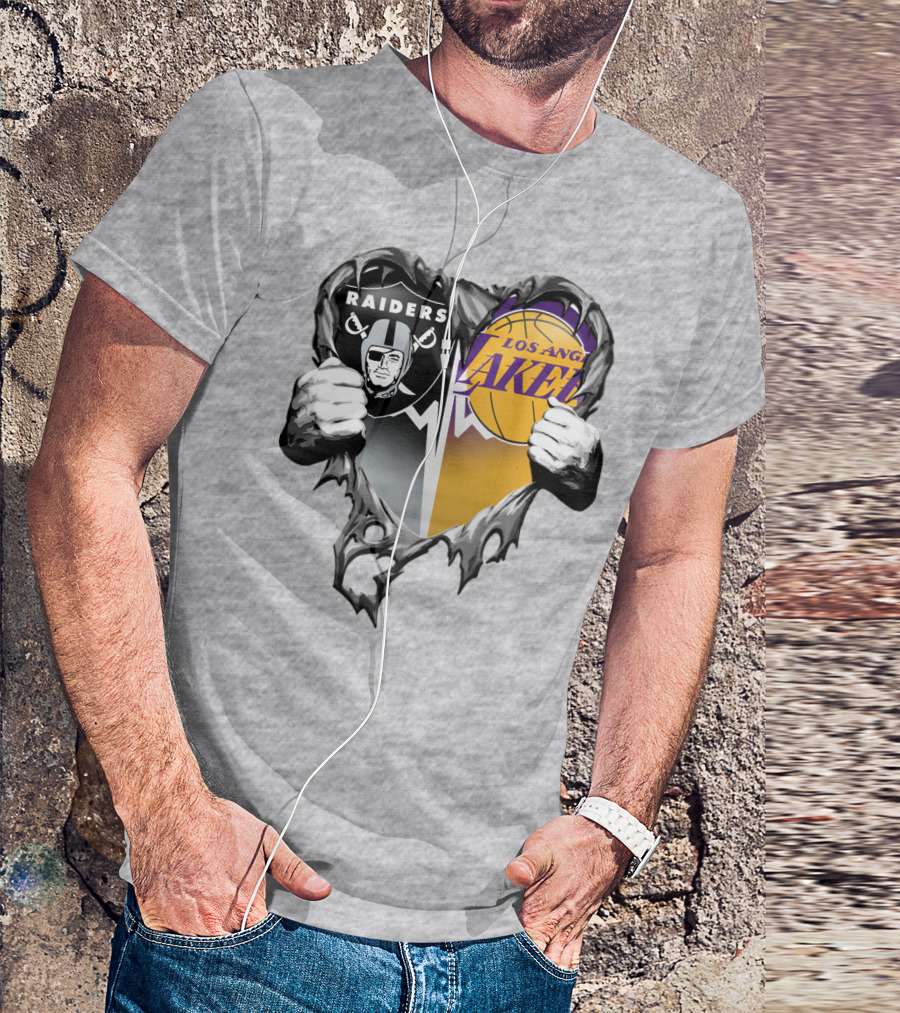 Raiders Los Angeles Lakers Heart Logo Tear T-Shirt