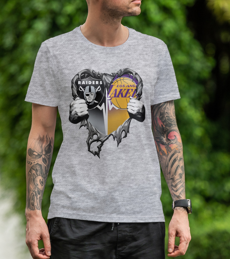 Raiders Los Angeles Lakers Heart Logo Tear T-Shirt