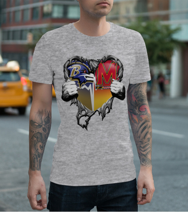 Baltimore Ravens Maryland Terrapins Heart Rip Football Fan T-Shirt