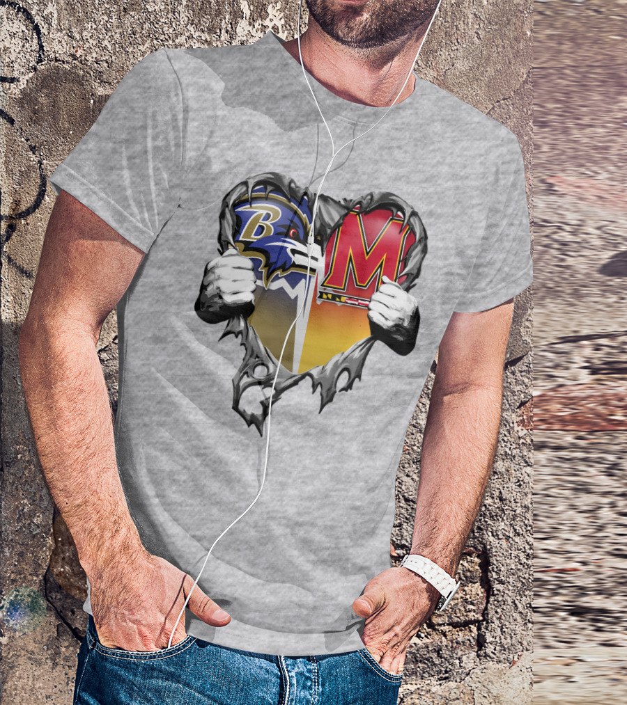 Baltimore Ravens Maryland Terrapins Heart Rip Football Fan T-Shirt