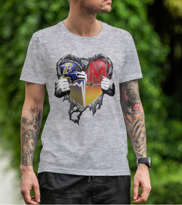 Baltimore Ravens Maryland Terrapins Heart Rip Football Fan T-Shirt
