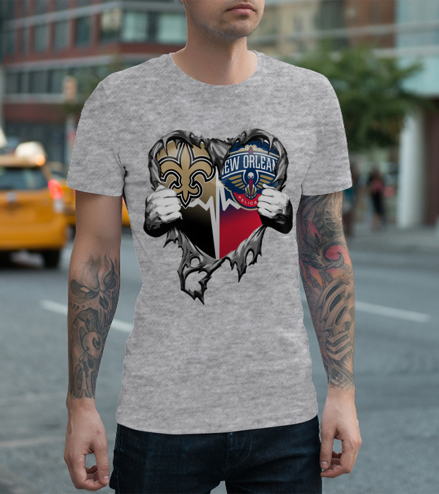 New Orleans Saints Pelicans Heart Tear T-Shirt