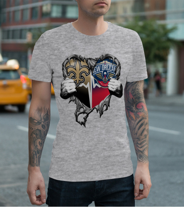 New Orleans Saints Pelicans Heart Tear T-Shirt