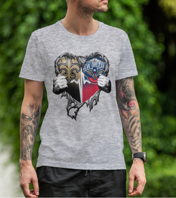 New Orleans Saints Pelicans Heart Tear T-Shirt