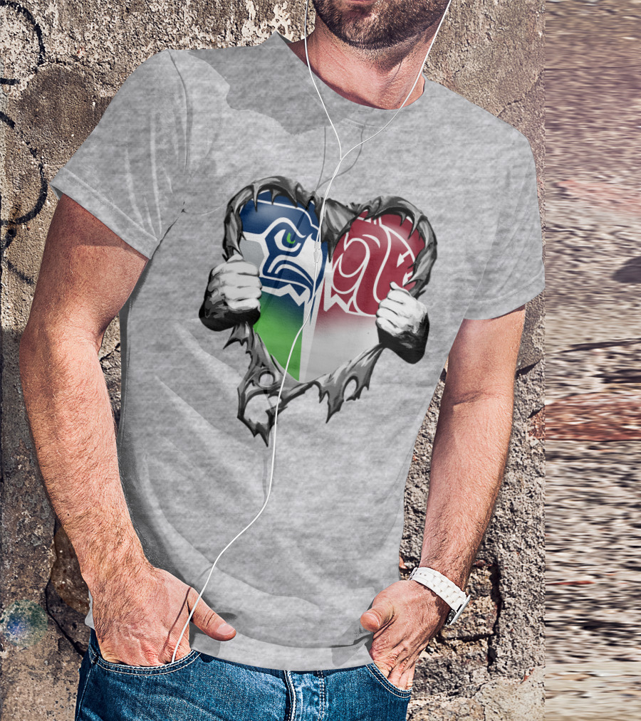 Seattle Seahawks And Washington State Cougars Split Heart T-Shirt
