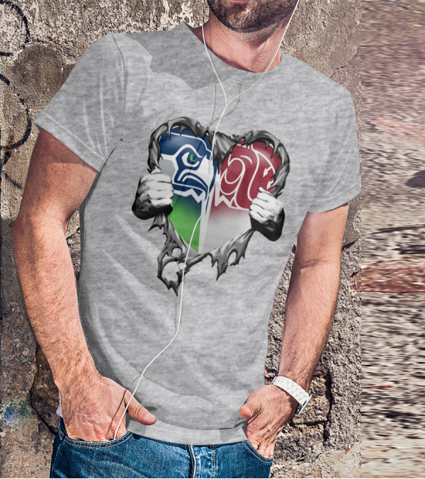 Seattle Seahawks And Washington State Cougars Split Heart T-Shirt