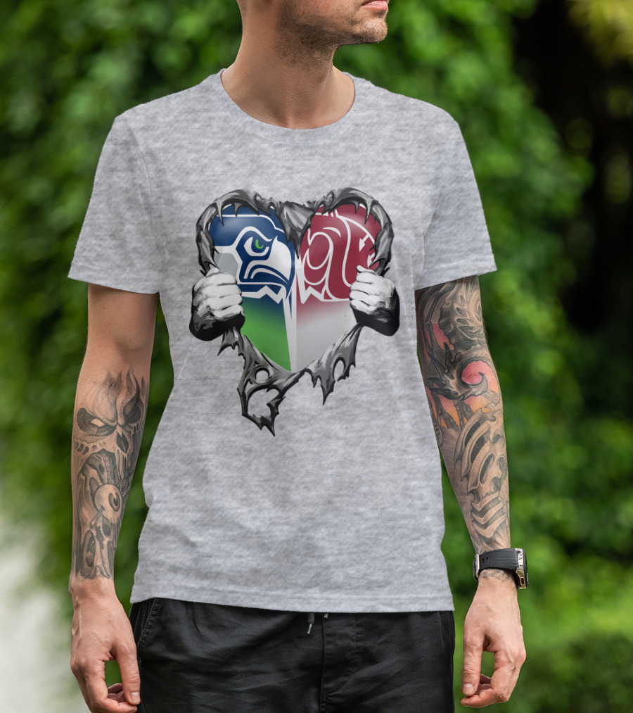 Seattle Seahawks And Washington State Cougars Split Heart T-Shirt