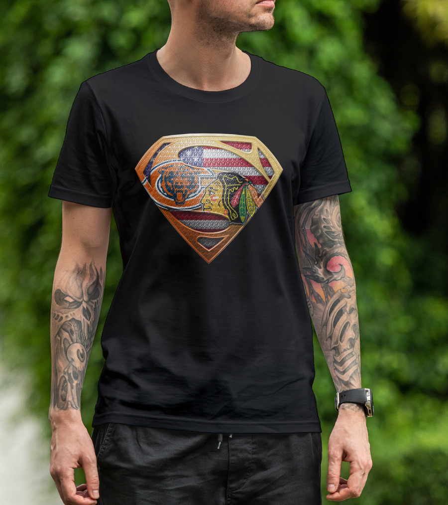 Chicago Bears Blackhawks Flag Superman T-Shirt