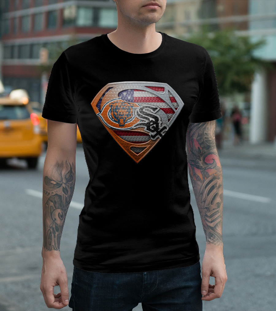 Chicago Bears White Sox American Flag Superman Shield T-Shirt