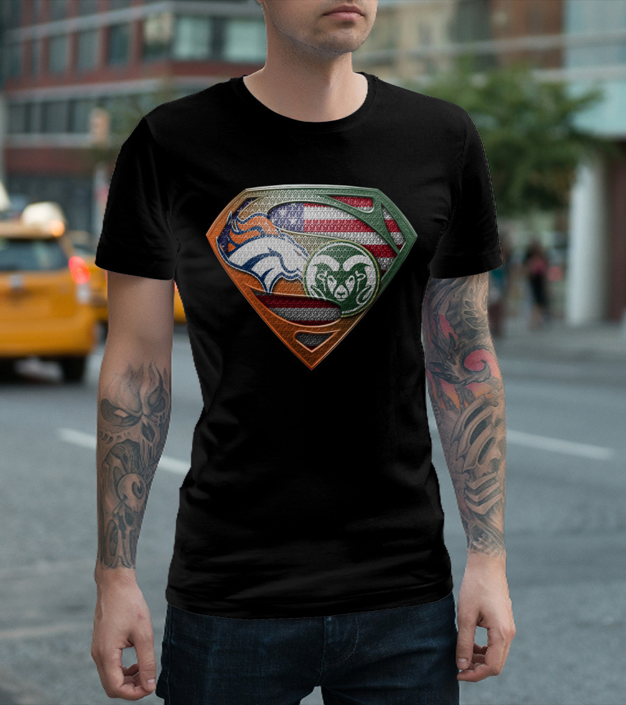 Denver Broncos And Colorado State Rams Superman Shield American Flag Montage T-Shirt