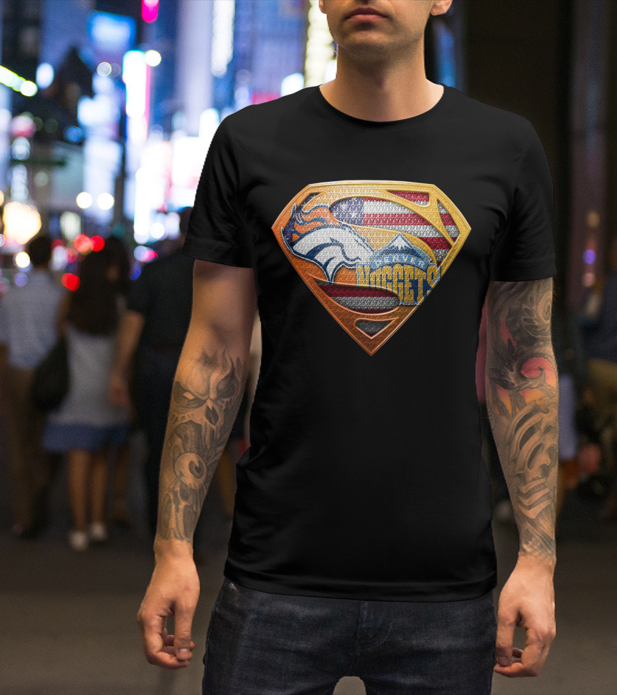 Denver Broncos Nuggets American Flag Superman Shield T-Shirt