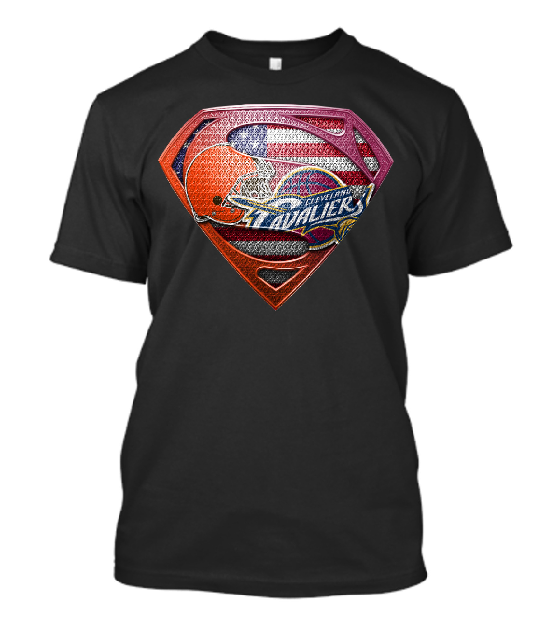 Cleveland Cavaliers And Browns Superman Shield With American Flag T-Shirt