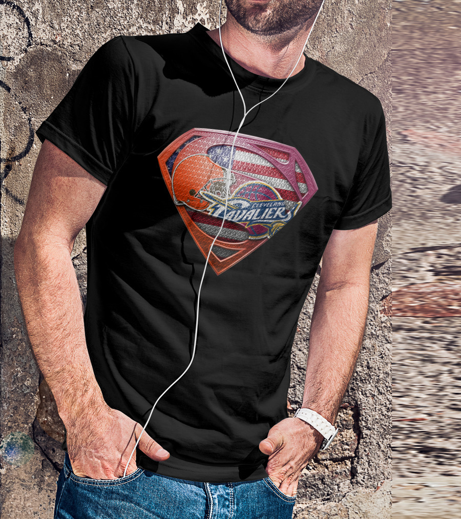 Cleveland Cavaliers And Browns Superman Shield With American Flag T-Shirt