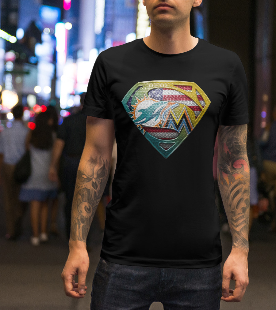Miami Dolphins Marlins American Flag Superman T-Shirt