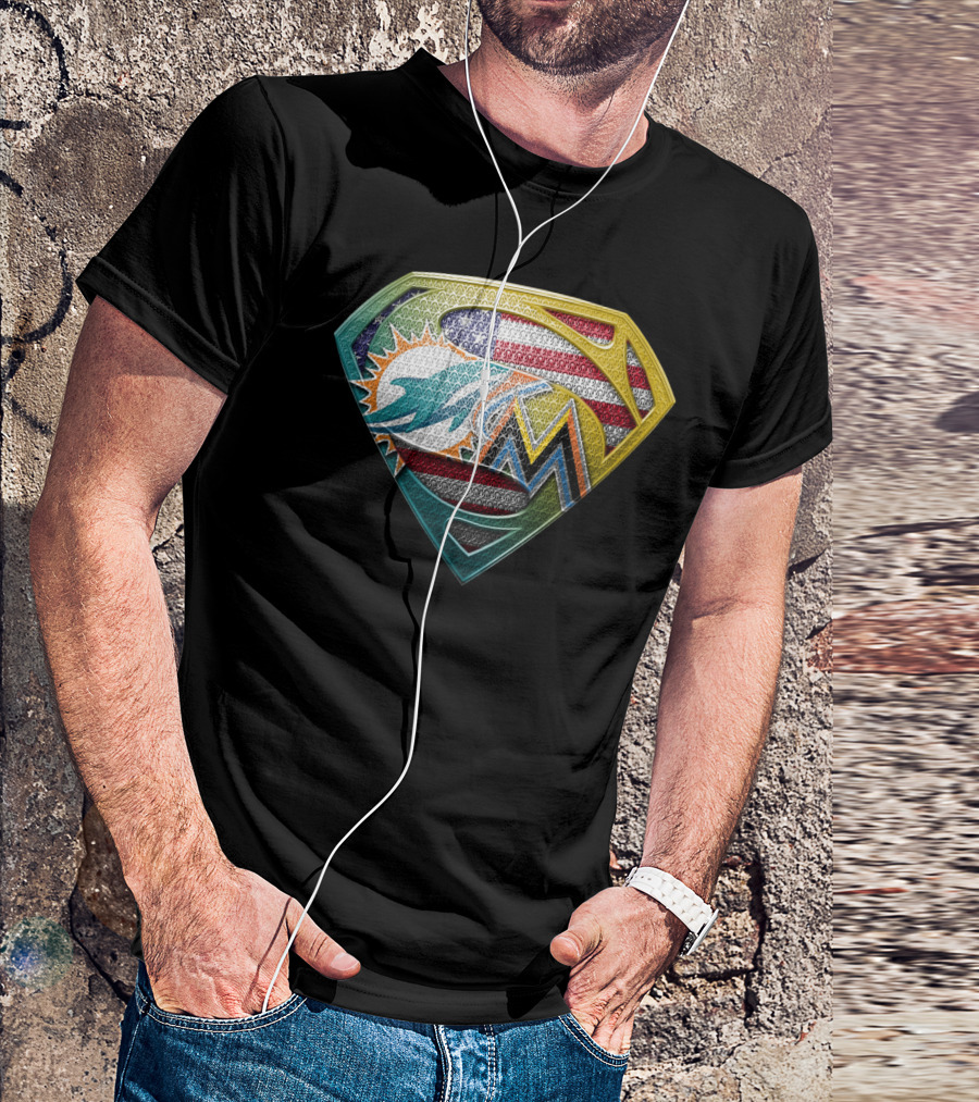 Miami Dolphins Marlins American Flag Superman T-Shirt