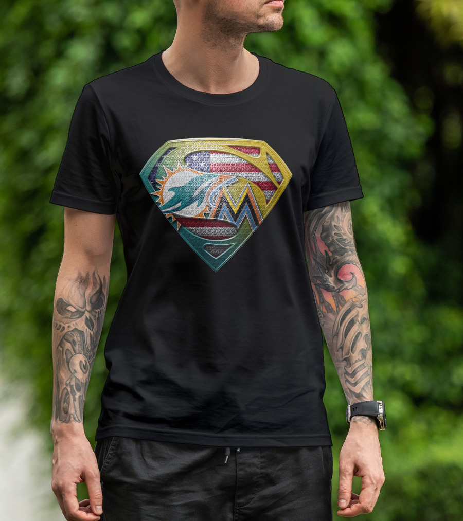 Miami Dolphins Marlins American Flag Superman T-Shirt