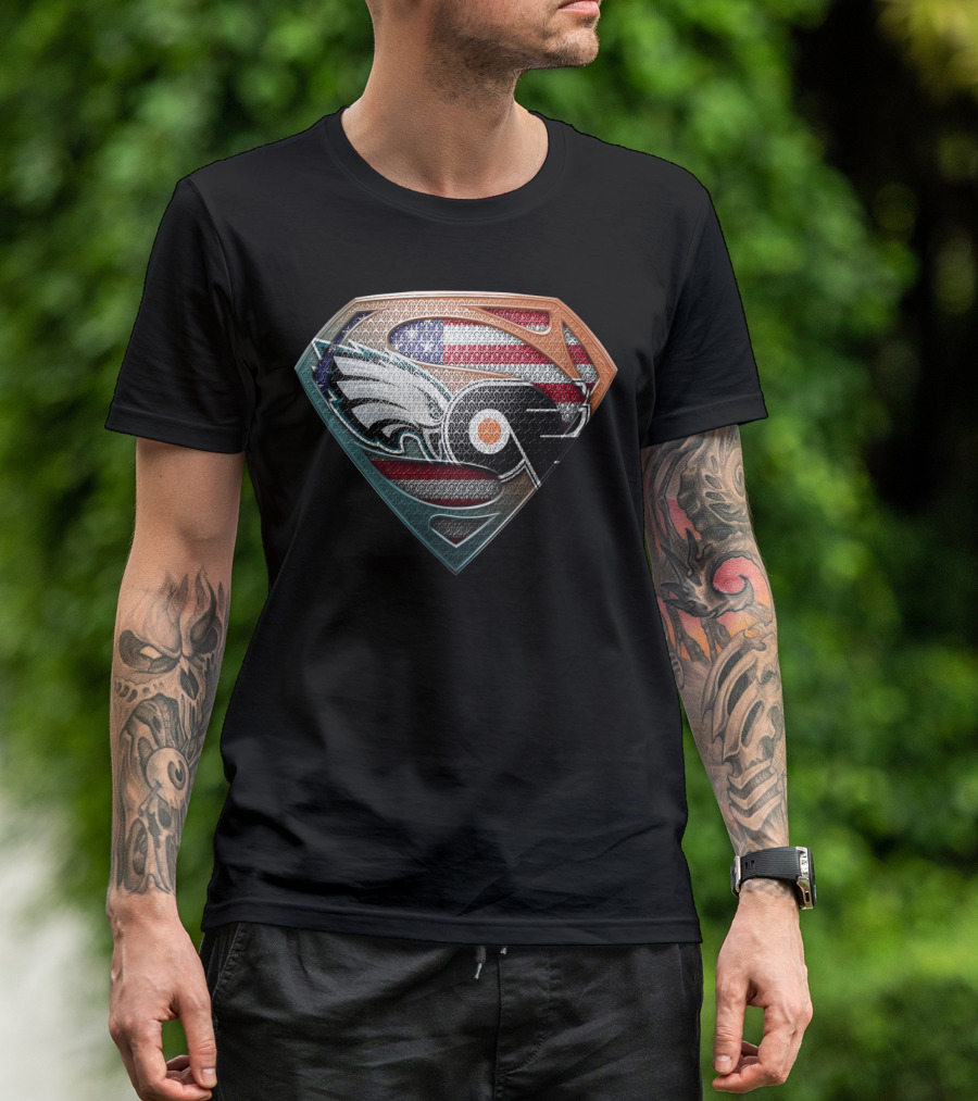 Superman Shield American Flag Philadelphia Eagles Flyers Logo Fusion T-Shirt