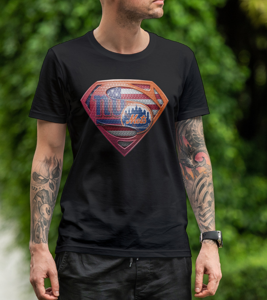 New York Giants Mets Superman Logo American Flag T-Shirt