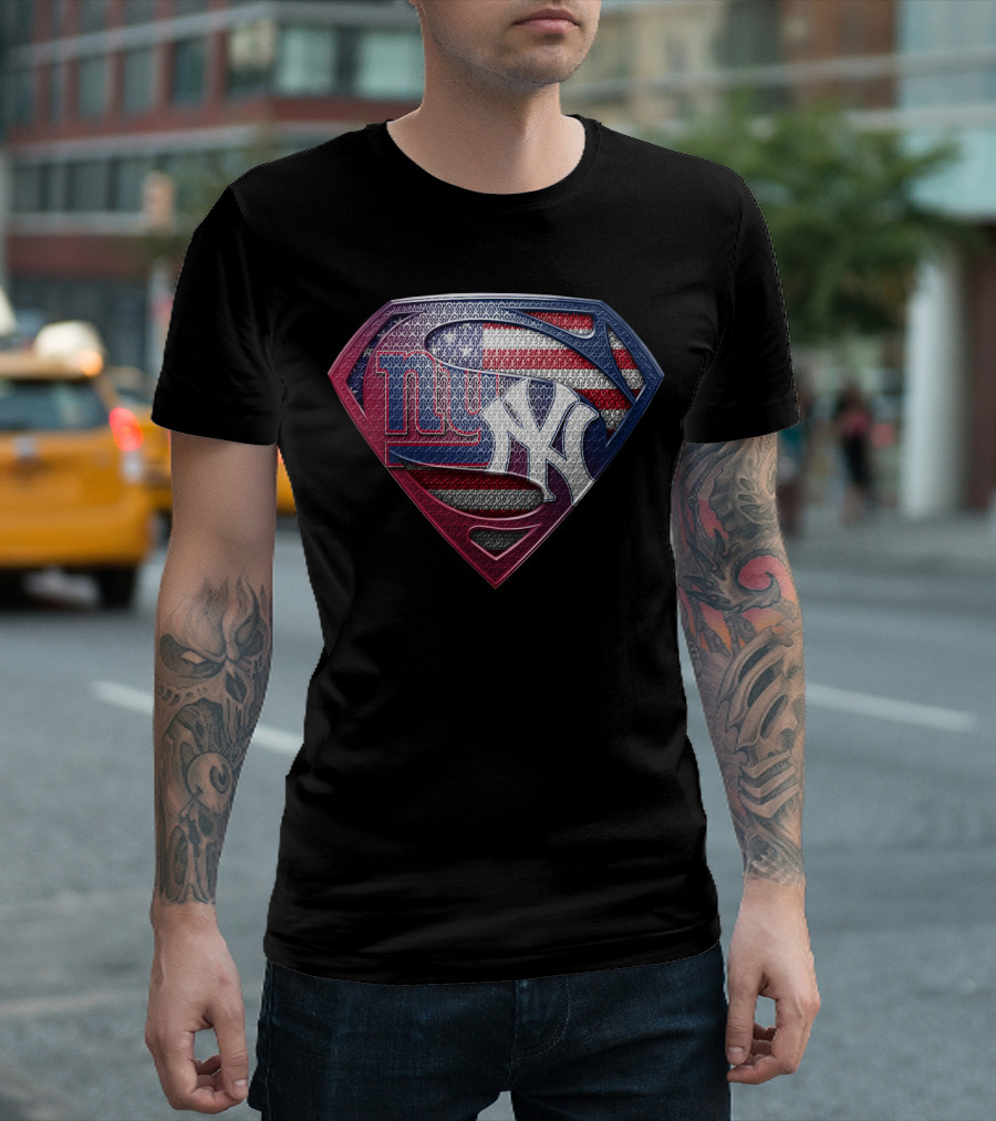 New York Giants Yankees American Flag Superman Logo Fusion T-Shirt