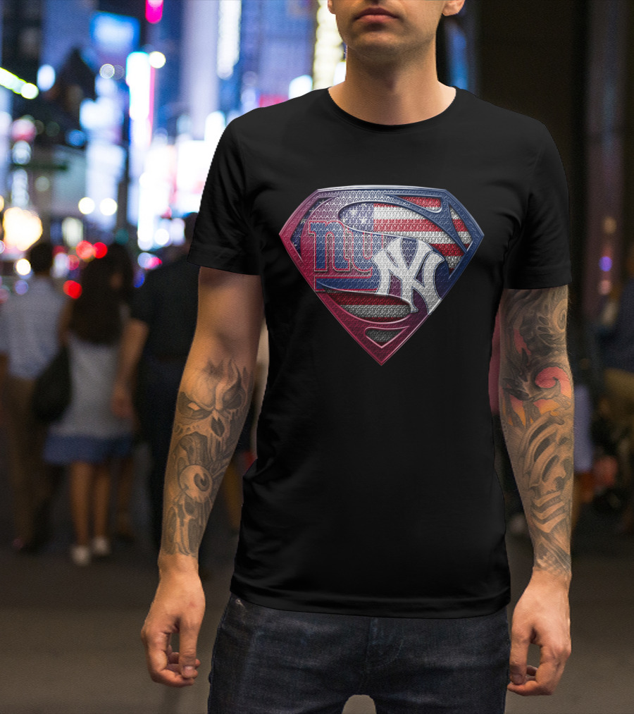 New York Giants Yankees American Flag Superman Logo Fusion T-Shirt