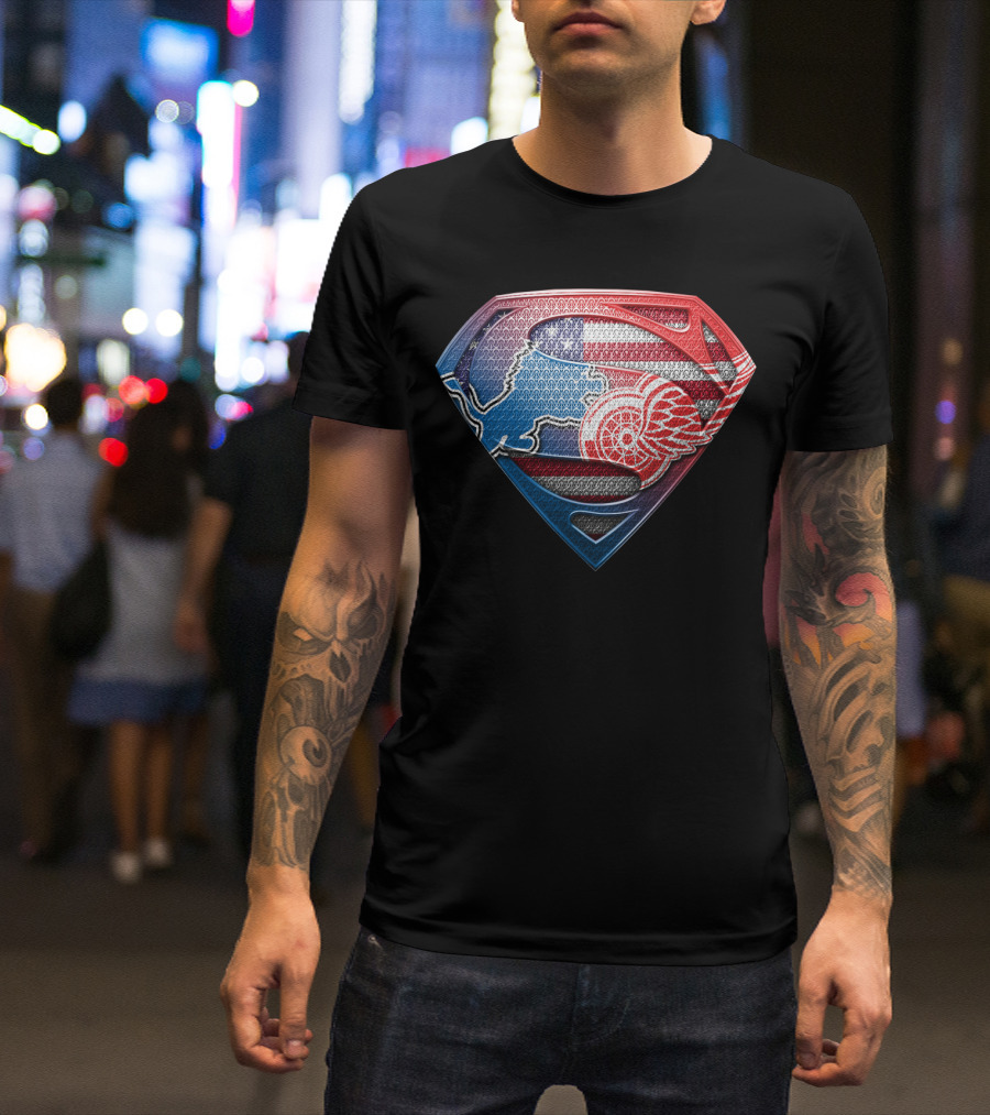 Superman Detroit Lions And Red Wings American Flag T-Shirt