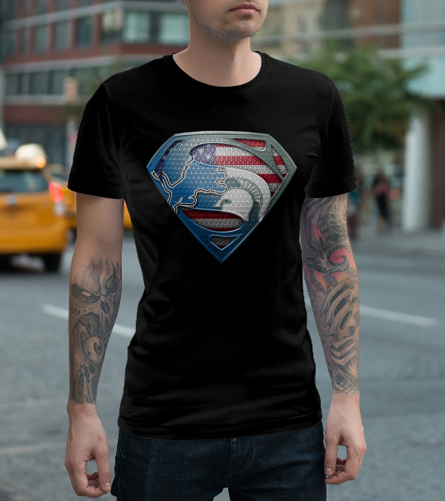 Detroit Lions And Michigan State Spartans American Flag Superman T-Shirt