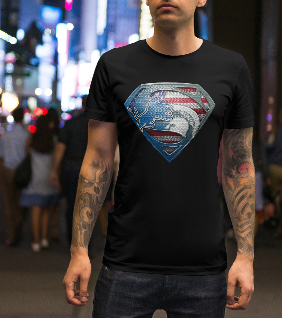 Detroit Lions And Michigan State Spartans American Flag Superman T-Shirt