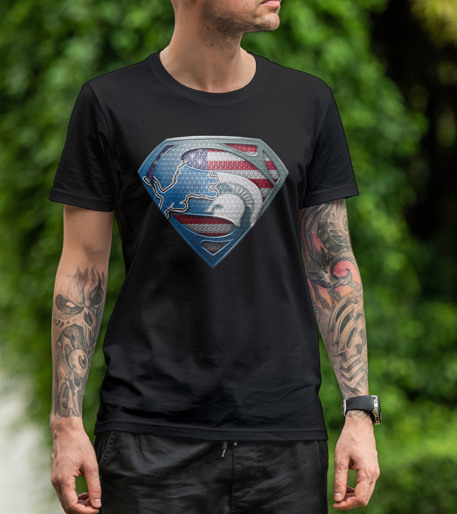 Detroit Lions And Michigan State Spartans American Flag Superman T-Shirt