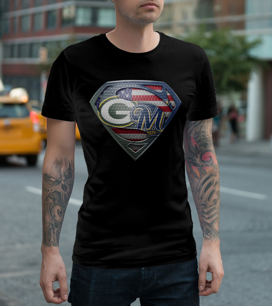 Packers Brewers Superman Shield American Flag T-Shirt
