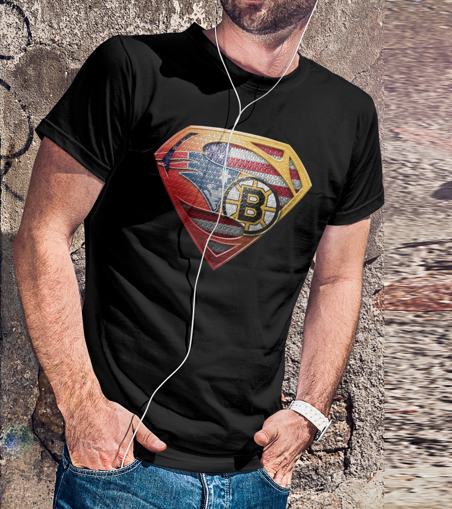 Superman Shield American Flag Boston Bruins New England Patriots T-Shirt
