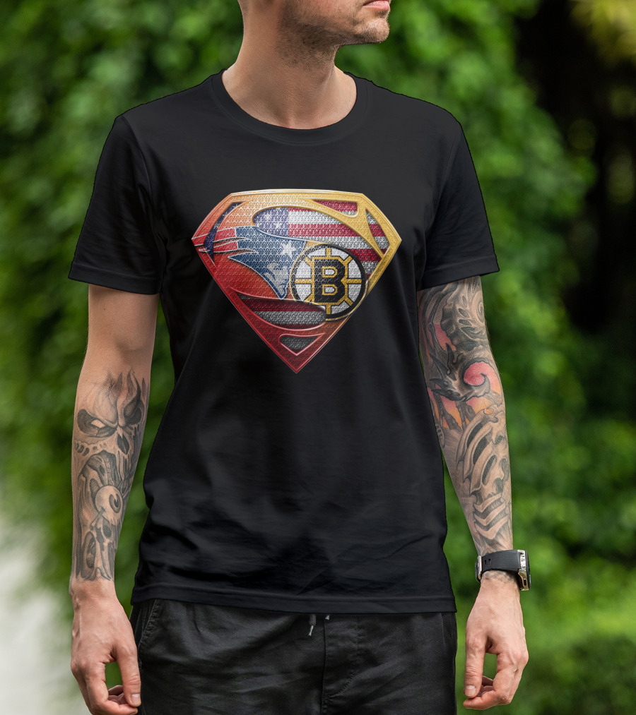 Superman Shield American Flag Boston Bruins New England Patriots T-Shirt