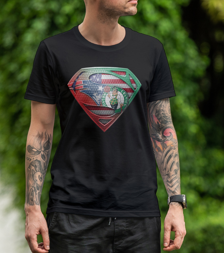 Superman Shield With Boston Celtics Logo And American Flag T-Shirt