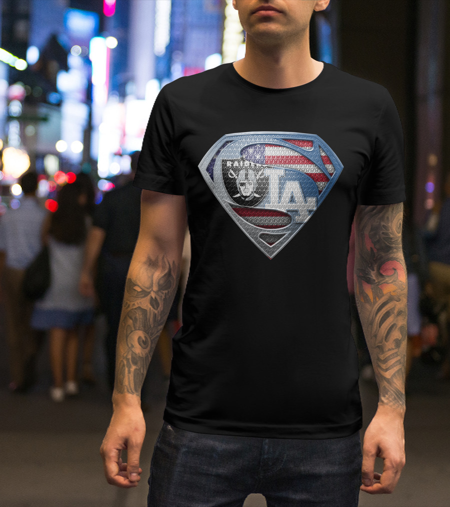 Raiders La Dodgers Superman Logo American Flag Football Baseball Fan T-Shirt