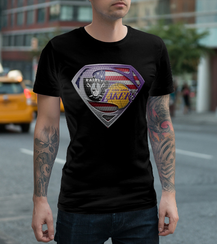 Superman Shield Las Vegas Raiders Los Angeles Lakers American Flag T-Shirt