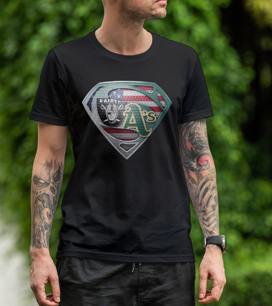Raiders A's American Flag Superman T-Shirt