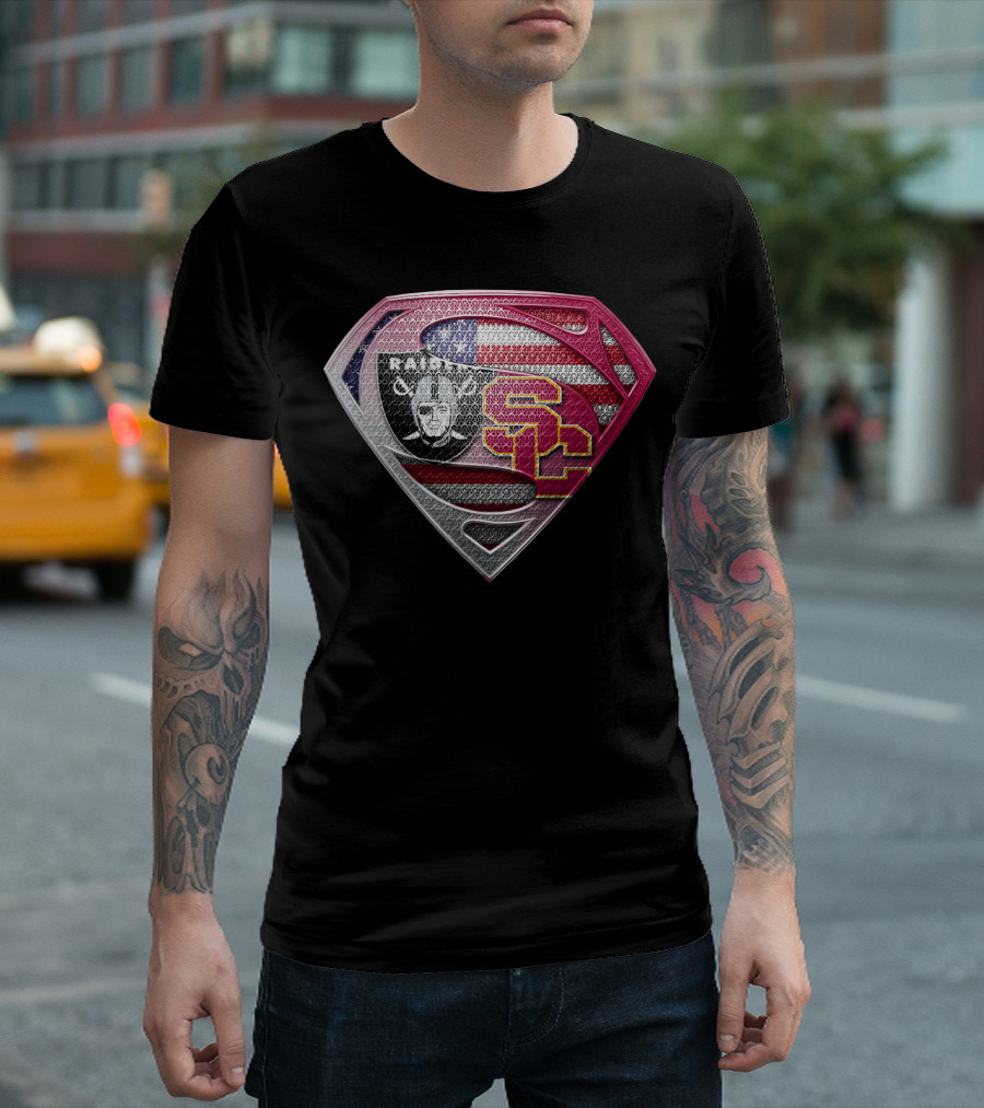 Raiders Usc Superman Shield American Flag T-Shirt