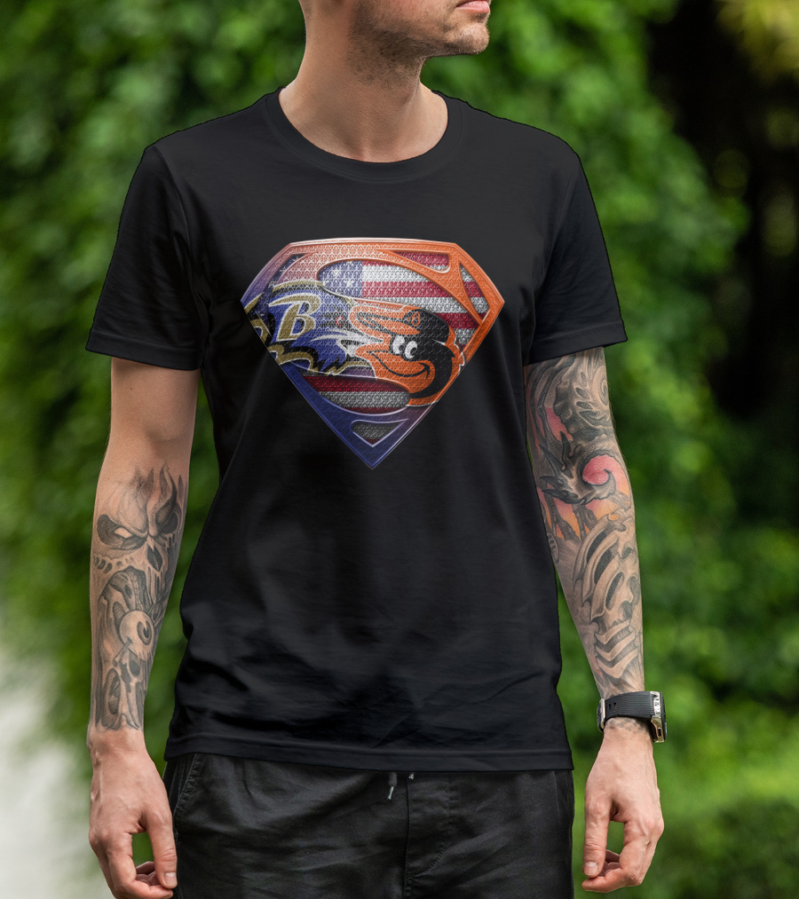 Baltimore Ravens Orioles Superman Usa Flag T-Shirt