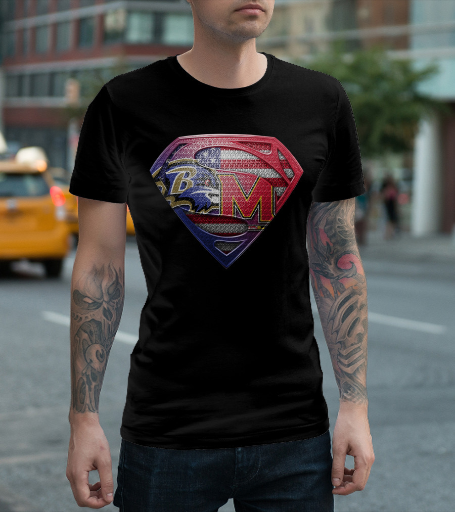 Baltimore Ravens Maryland Terrapins Superman Logo American Flag T-Shirt