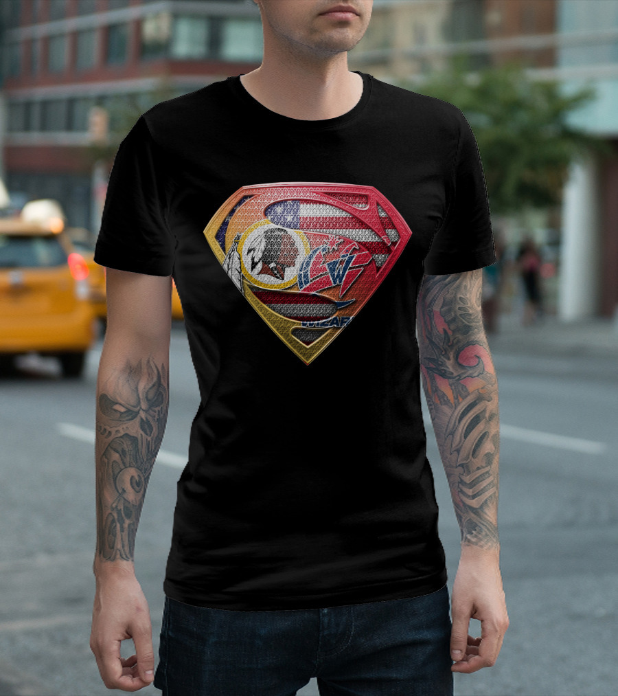 Superman Shield Design With Washington Redskins And Washington Wizards Logos T-Shirt